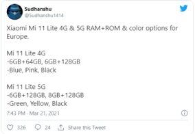 Rò rỉ thông số kỹ thuật Xiaomi Mi 11 Lite 4G tiết lộ sử dụng Snapdragon 732G bên trong