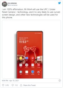 Xiaomi Mi MIX 4 sẽ có camera dưới màn hình và nhiều khả năng cũng có màn hình cong