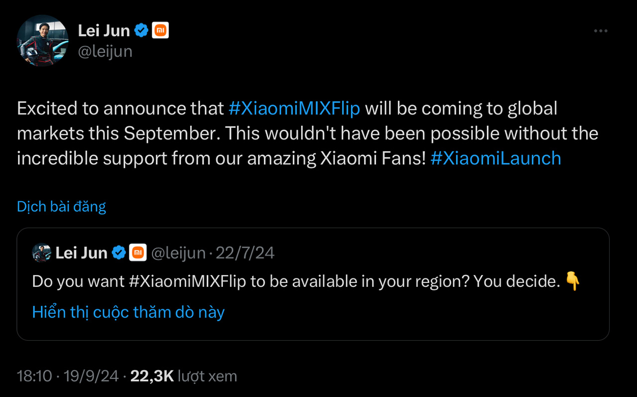 CEO Lei Jun đã xác nhận rằng Xiaomi MIX Flip sẽ được ra mắt toàn cầu vào cuối tháng 9 2 CEO Lei Jun đã đăng bài viết xác nhận Xiaomi MIX Flip sẽ sớm được ra mắt trên toàn cầu