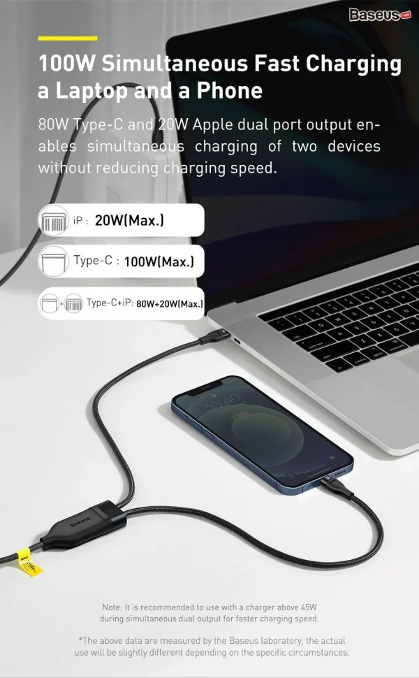 Dây sạc 2 đầu C to C+Lightning 100W Baseus  Flash 3