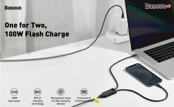 Dây sạc 2 đầu C to C+Lightning 100W Baseus  Flash 3