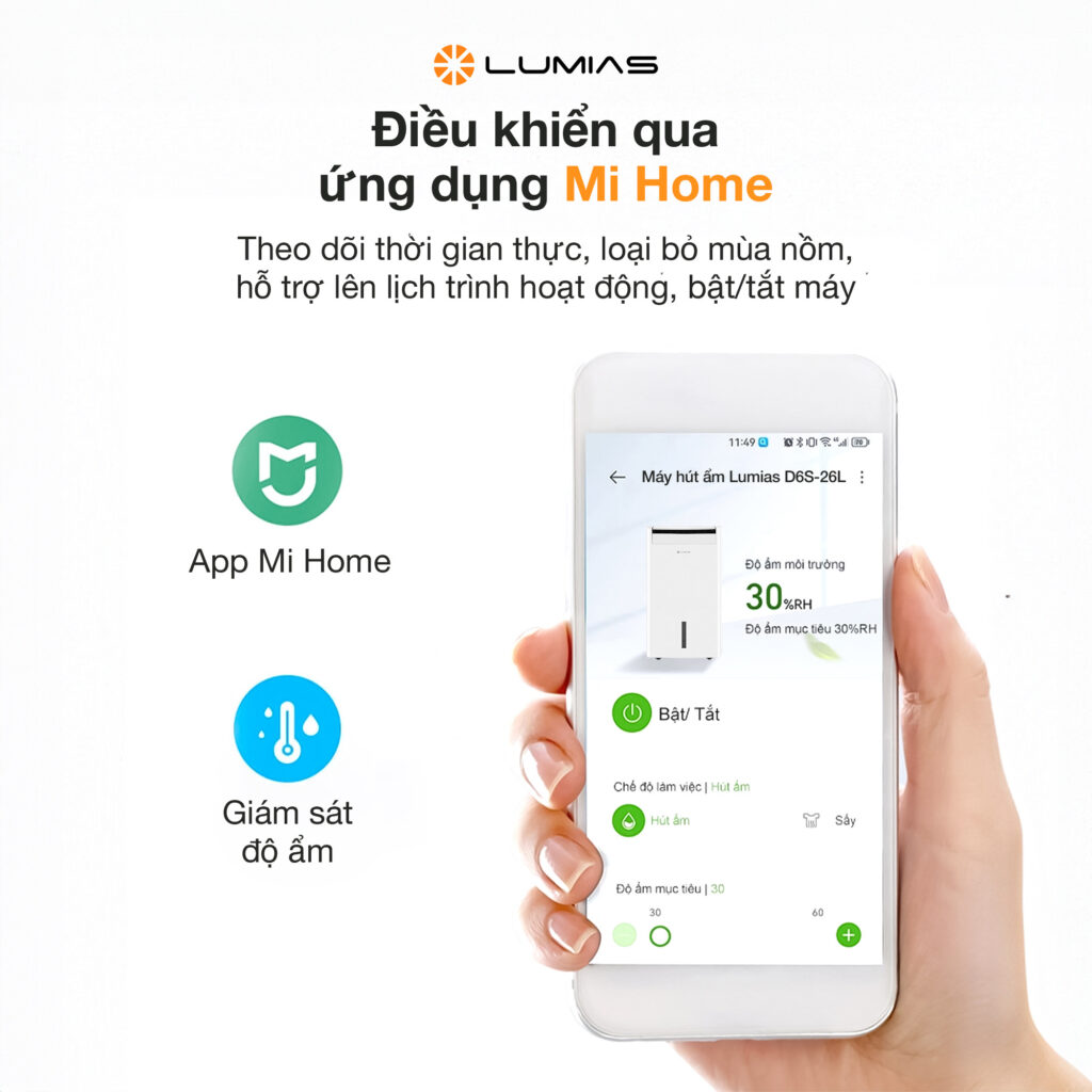 Máy hút ẩm kiêm lọc không khí Lumias D6S 26L - Dung tích bình chứa lớn 5L và ống xả liên tục