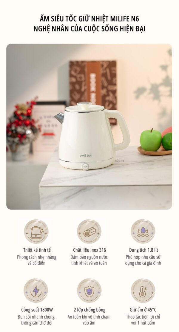 Ấm siêu tốc cao cấp giữ nhiệt miLife N6 1.8L