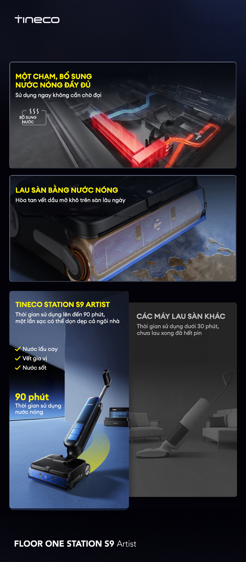 Máy hút bụi lau sàn khô ướt Tineco FLOOR ONE STATION S9 Artist – Lau sàn bằng nước nóng - Theo dõi và bảo trì qua ứng dụng