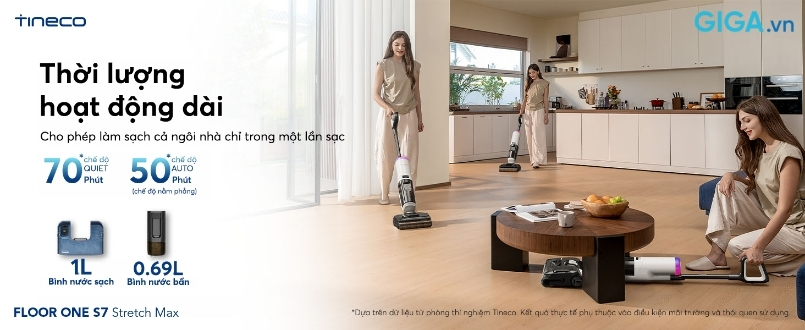 Tineco Floor One S7 Stretch Max - Thời gian hoạt động lên đến 70 phút