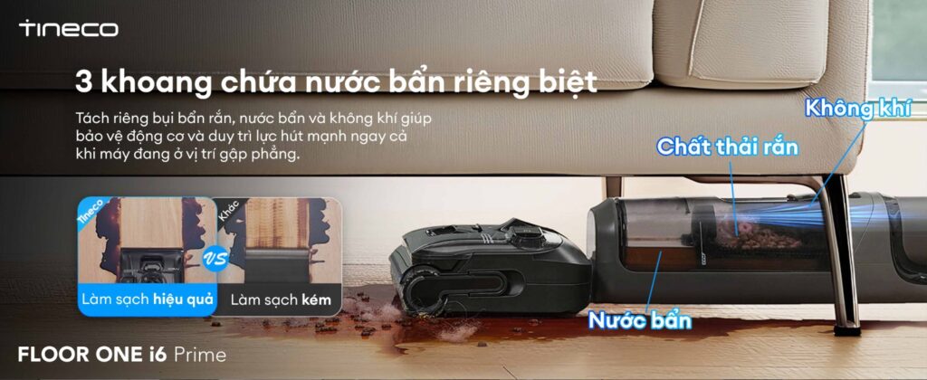 Máy hút bụi lau sàn khô ướt Tineco Floor One i6 Prime 10 Tineco Floor One i6 Prime - Ba khoang chứa nước bẩn riêng biệt