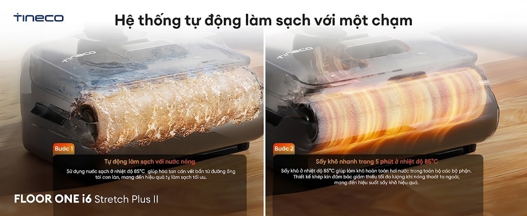 Máy hút bụi lau sàn khô ướt Tineco Floor One i6 Stretch Plus II 28 Hệ thống tự làm sạch và sấy khô FlashDry 85 độ C chỉ với một nút bấm