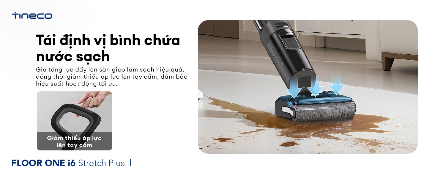 Máy hút bụi lau sàn khô ướt Tineco Floor One i6 Stretch Plus II 34 Bánh xe trợ lực mini và thiết kế công thái học dồn trọng tâm xuống sàn