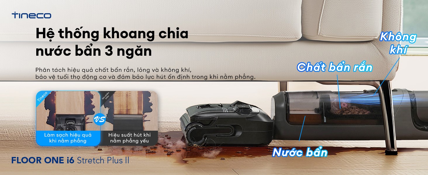 Máy hút bụi lau sàn khô ướt Tineco Floor One i6 Stretch Plus II 24 Hệ thống khoang chứa nước bẩn 3 ngăn chống tràn ngược vào động cơ khi ngả phẳng