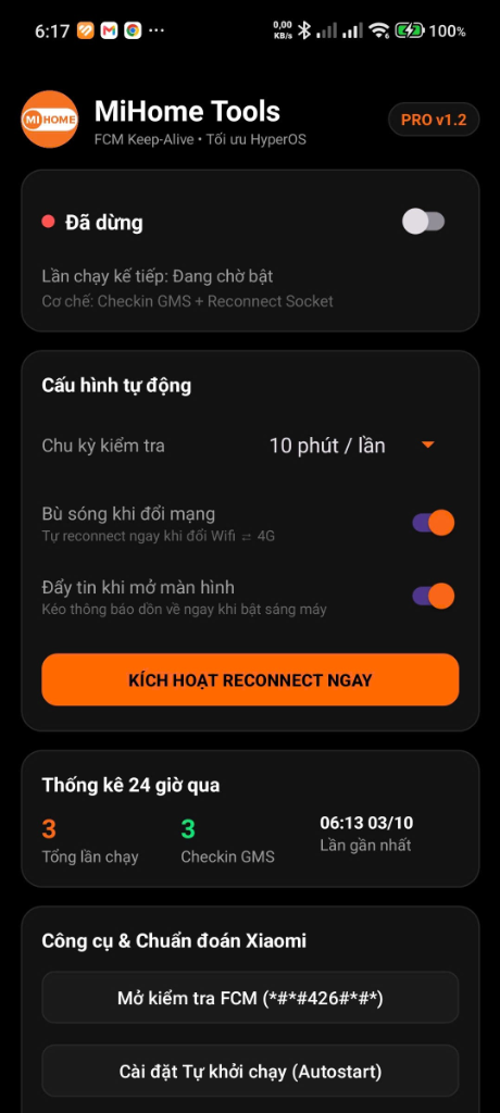 Giao diện chính ứng dụng MiHome Tools PRO v1.2 khắc phục chậm thông báo Xiaomi