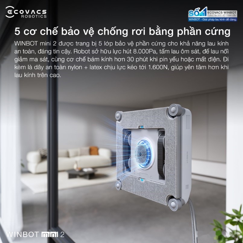 Robot lau kính Ecovacs Winbot Mini 2 28 5 lớp bảo vệ phần cứng chống rơi an toàn