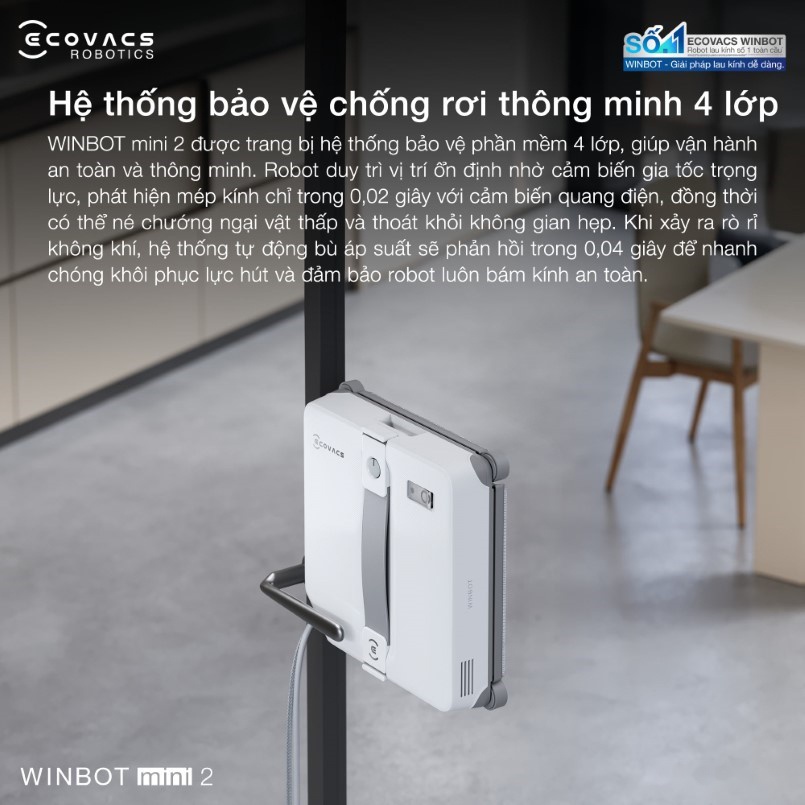 Robot lau kính Ecovacs Winbot Mini 2 29 4 thuật toán thông minh bảo vệ chống rơi theo thời gian thực