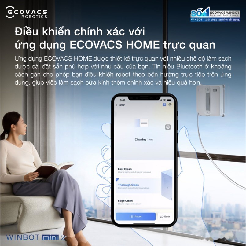 Robot lau kính Ecovacs Winbot Mini 2 33 Điều khiển chính xác và tiện lợi qua ứng dụng Ecovacs Home