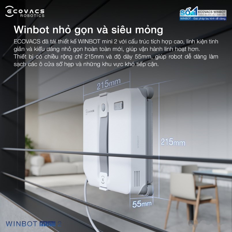 Robot lau kính Ecovacs Winbot Mini 2 20 Cấu trúc linh kiện tinh gọn và tích hợp cao trên Ecovacs Winbot Mini 2