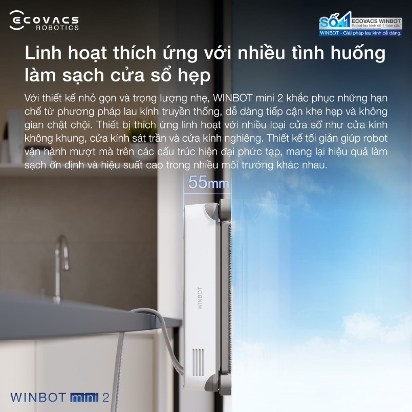 Robot lau kính Ecovacs Winbot Mini 2 21 Khả năng thích ứng đa dạng mọi loại cửa kính hiện đại