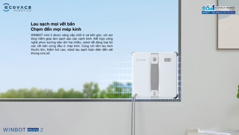 Robot lau kính Ecovacs Winbot Mini 2 23 Hệ thống 4 chổi góc cơ học tiên tiến trên Ecovacs Winbot Mini 2
