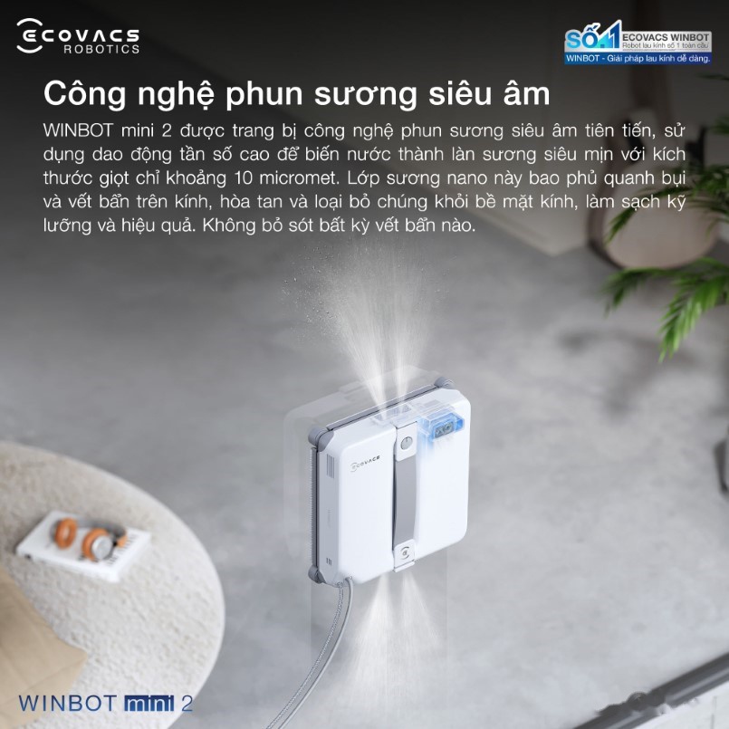 Robot lau kính Ecovacs Winbot Mini 2 25 Công nghệ phun sương siêu âm hạt nano 10 micromet