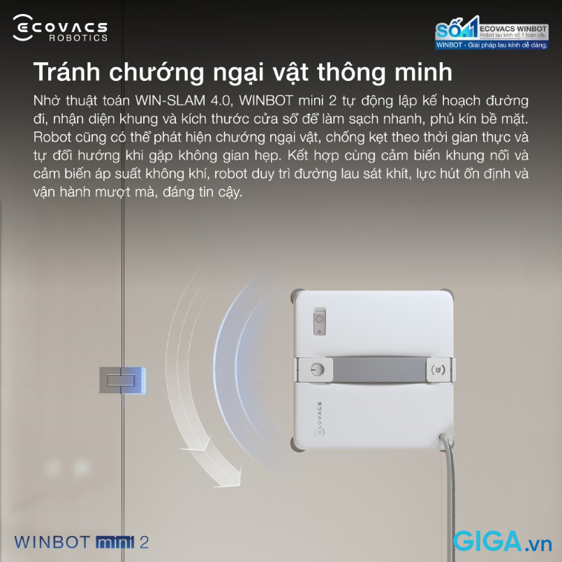 Robot lau kính Ecovacs Winbot Mini 2 15 Ecovacs Winbot Mini 2 tự động đổi hướng khi gặp vật cản