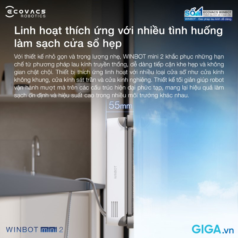 Robot lau kính Ecovacs Winbot Mini 2 5 Ecovacs Winbot Mini 2 vận hành trên nhiều dạng cửa kính
